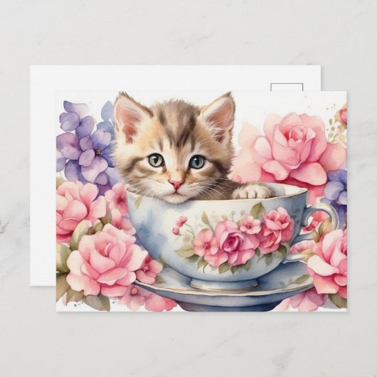 Aquarel Kitten in Theekop met Bloemen  Briefkaart (Voorkant / Achterkant)