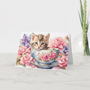 Aquarel Kitten in Theekop met Bloemen  Kaart