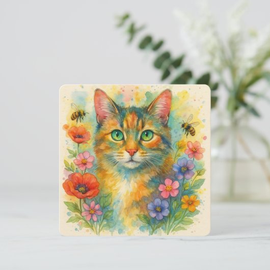 Aquarel kitten met bloemen kaart (Staand voorkant)