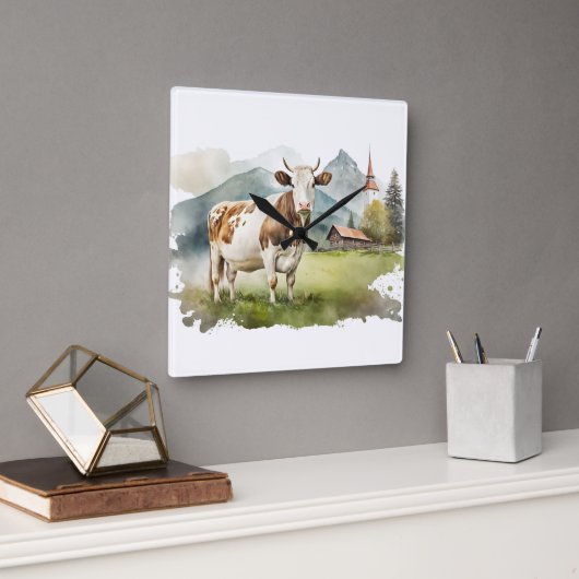 Aquarel Koe In Bergvallei Vierkante Klok (Kantoor)