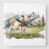 Aquarel Koe In Bergvallei Vierkante Klok (Voorkant)