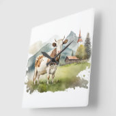 Aquarel Koe In Bergvallei Vierkante Klok (Hoek)