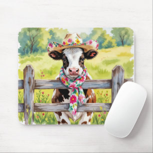 Aquarel Koe met een Bloemendruk Hoed Muismat