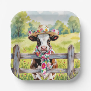 Aquarel Koe met Zomerhoed Papieren Bordje