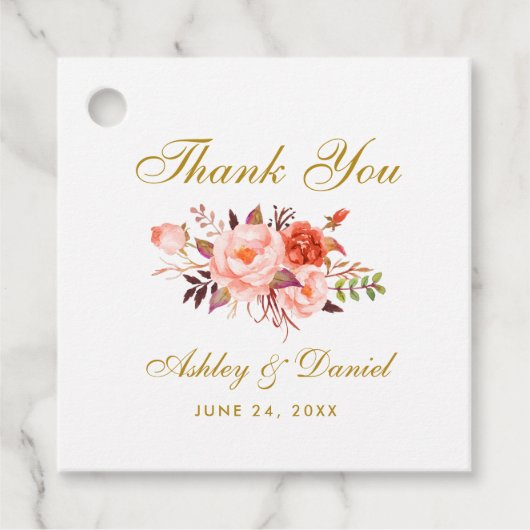 Aquarel Koraal Bloem Goud Trouw Dank Je Bedankjes Labels (Voorkant)