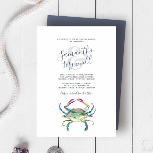 Aquarel Krab Rehearsal Dinner Uitnodiging (Rehearsal dinner invitation beach wedding watercolor blue crab art by Victoria Grigaliunas.)