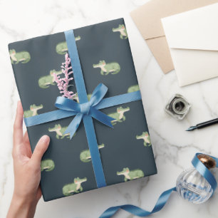 Aquarel Krokodillen op Donker Grijs-Blauw Cadeaupapier