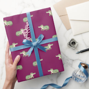 Aquarel Krokodillen op Donkerroze Cadeaupapier
