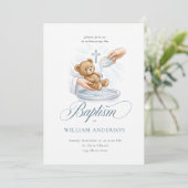 Aquarel Kruis Teddybeer Doop Uitnodiging (Staand voorkant)