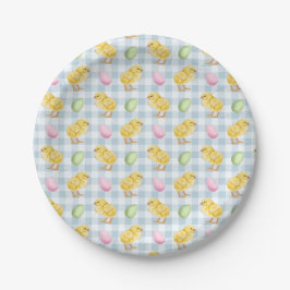 Aquarel Kuiken En Eieren Op Blauwe Gingham Patroon Papieren Bordje