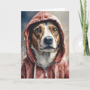 Aquarel kunstwerk bruine en witte hond in hoodie kaart