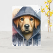 Aquarel Kunstwerk Bruine Hond in een Hoodie Spatte Kaart (Gele Bloem)