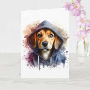Aquarel kunstwerk bruine hond in een hoodie spatte kaart