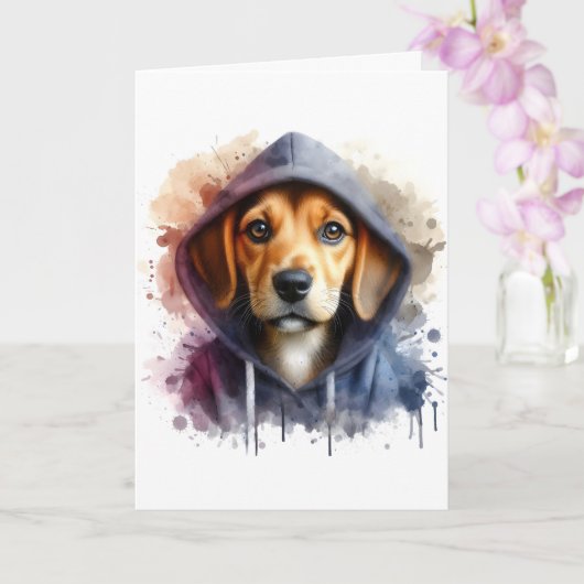 Aquarel Kunstwerk Bruine Hond in een Hoodie Spatte Kaart (Orchidee)