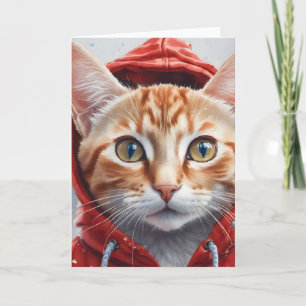Aquarel kunstwerk oranje tabby kat in rode hoodie  kaart