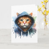 Aquarel Kunstwerk Tabby Kat Blauwe Hoodie Spatten Kaart (Gele Bloem)