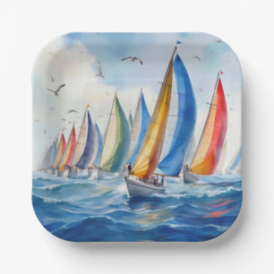 Aquarel Kunstwerk Zeilboot Regatta Papieren Bordje