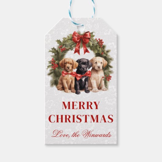 Aquarel Labradors Pups en Kerstkrans Kerstmis Cadeaulabel (Voorkant)