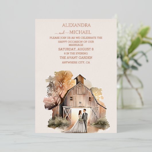 Aquarel Landelijke Schuur Huwelijk Folie Uitnodiging (Staand Voorkant)