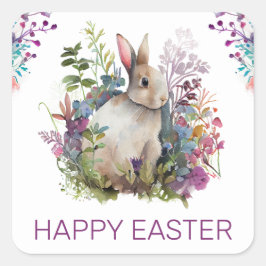 Aquarel lente bloemen en konijn Gelukkig Pasen Vierkante Sticker