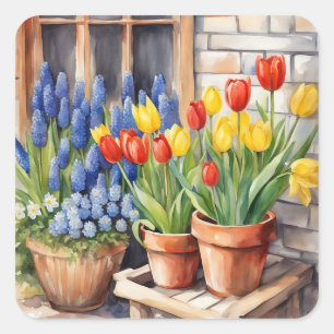 Aquarel Lente Bloemen Tulpen Hyacinten Vierkante Sticker