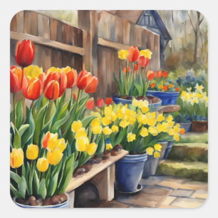 Aquarel Lente Bloemen Tulpen Narcissen Tuin Vierkante Sticker