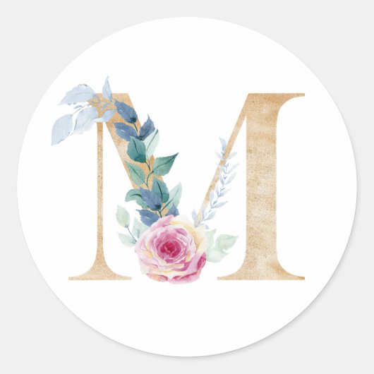 Aquarel letter M met rozen Ronde Sticker (Voorkant)