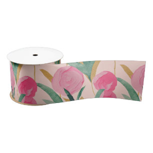 Aquarel Levendig Geschilderde Roze Lente Bloemen Satijnen Lint