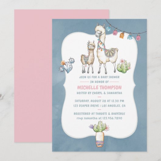 Aquarel Llama thema baby shower uitnodiging (Voorkant / Achterkant)