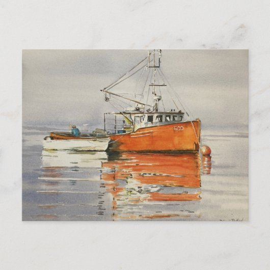 Aquarel Maine vissersboot oceaan oranje sereen Briefkaart (Voorkant)
