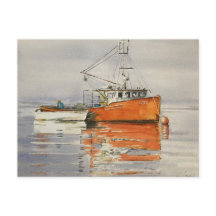 Aquarel Maine Vissersboot Oceaan Oranje Serene