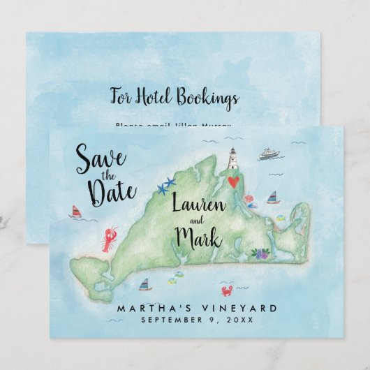 Aquarel Marthas Vineyard Kaart Opslaan Datum (Voorkant / Achterkant)
