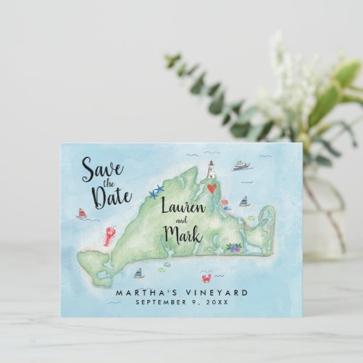 Aquarel Marthas Vineyard Kaart Opslaan Datum (Staand voorkant)