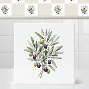Aquarel Mediterane Olijftak met Bladeren Tegeltje