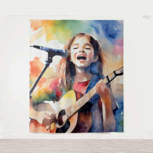 Aquarel Meisje dat Zingt en Gitaar Speelt, Kleur Wandkleed