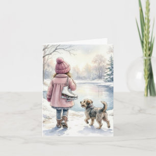 Aquarel Meisje Met Schaatsen en Hond Kaart