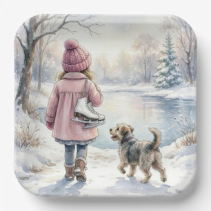 Aquarel Meisje Met Schaatsen en Hond Papieren Bordje