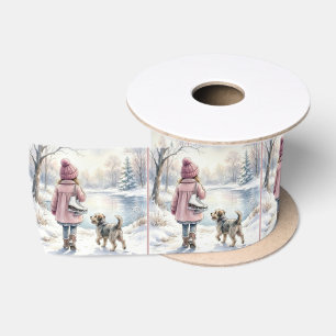 Aquarel Meisje Met Schaatsen en Hond Satijnen Lint