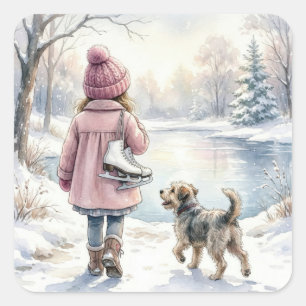 Aquarel Meisje Met Schaatsen en Hond Vierkante Sticker