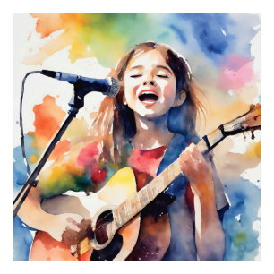Aquarel Meisje Zingt en Speelt Gitaar, Kleur Foto Afdruk