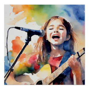 Aquarel Meisje Zingt en Speelt Gitaar, Kleur Perfect Poster