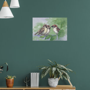 Aquarel Moeder Mus Feeding Kuikens Poster