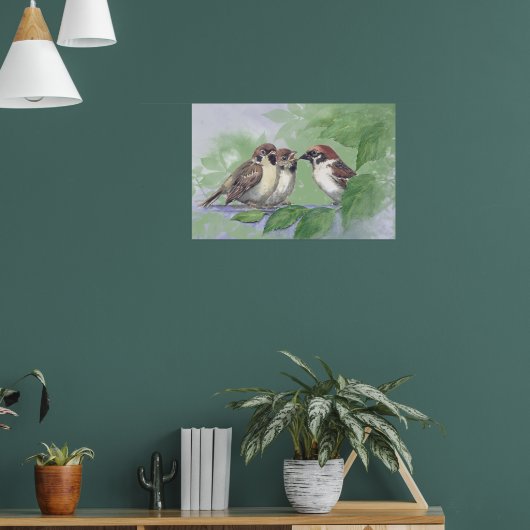 Aquarel Moeder Mus Feeding Kuikens Poster (Woonkamer 1)