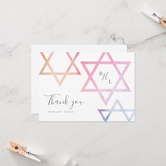 Aquarel Monogram Bat Mitzvah Bedankt Kaart (Voorkant / Achterkant in situ)