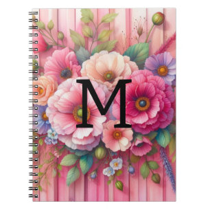 Aquarel monogram pastelbloemen op roze hout notitieboek