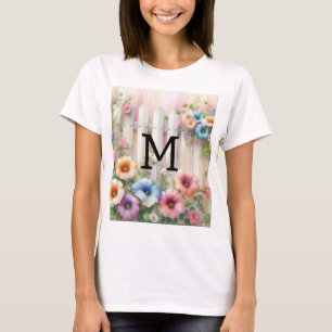 Aquarel monogram pastelbloemen op wit hout t-shirt