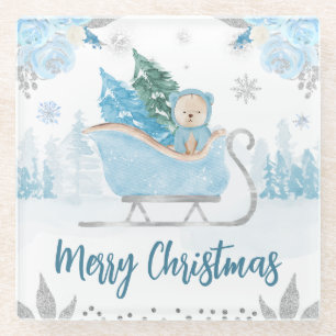 Aquarel Mooie Blauwe Winter Beer Bloem Kerstmis Glazen Onderzetter