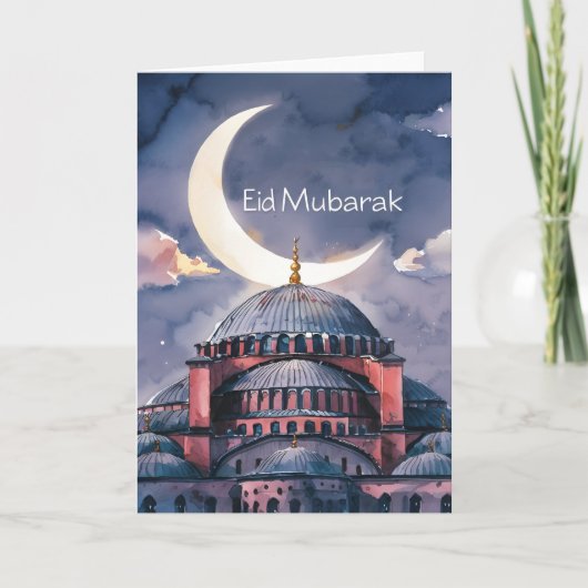 Aquarel Moskee maan Eid Mubarak Halve maan Feestdagen Kaart (Voorkant)