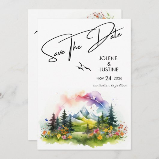 Aquarel Mountain Wildflower Save The Date (Voorkant / Achterkant)