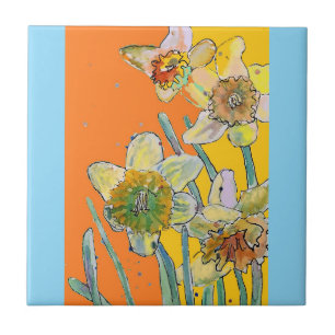 Aquarel Narcis Bloem Bloemrijk Oranje Geel Tegeltje